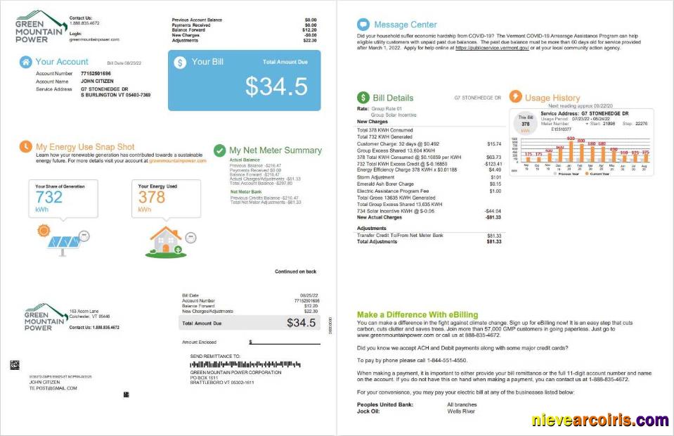 USA Vermont Green Mountain Power utility bill, 2 pages